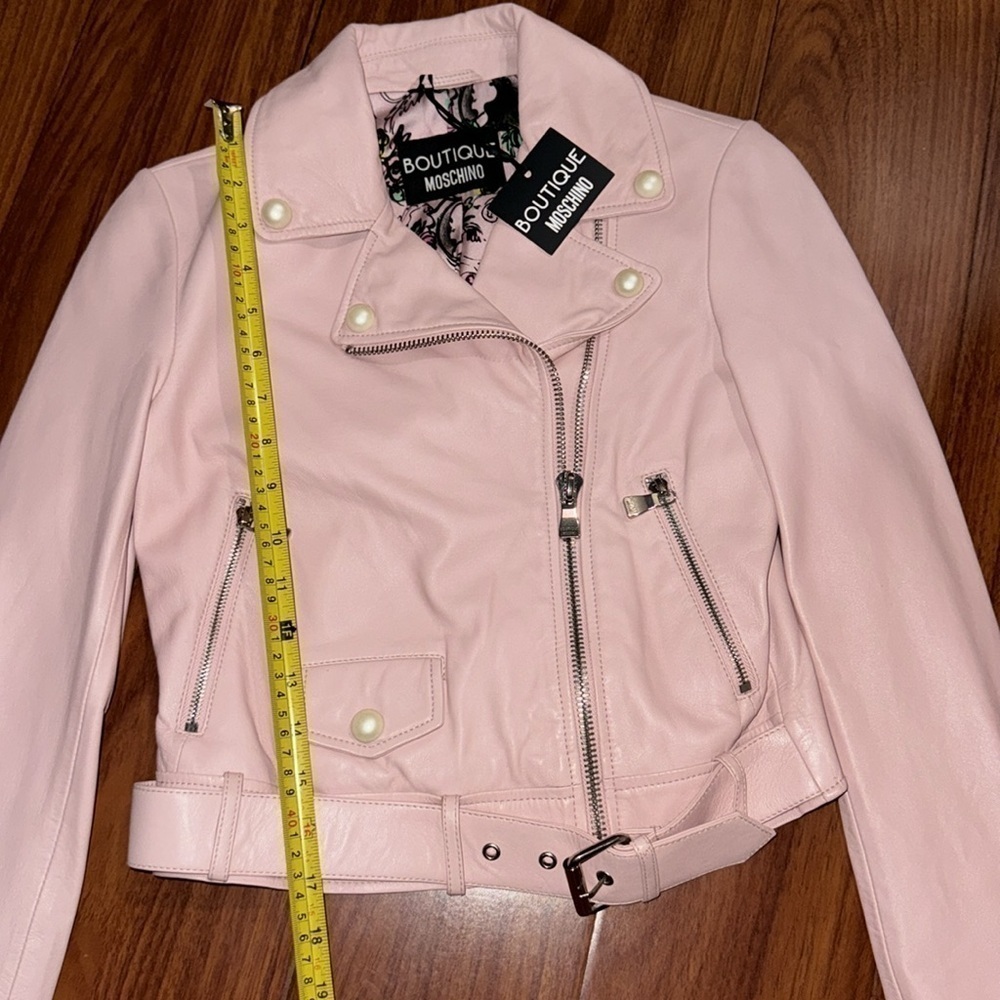 NWT Boutique Moschino Pearl-Trim Leather Moto Jacket Italy size 38 US size 4 - Picture 4 of 9